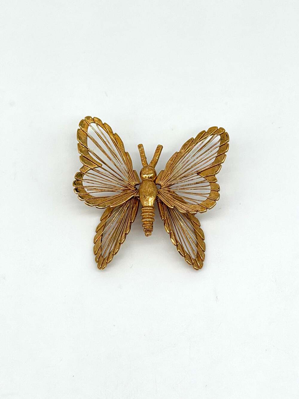 Vintage Monet Butterfly Brooch Gold Tone Wire Wings Signed 1960s 1970s Pin